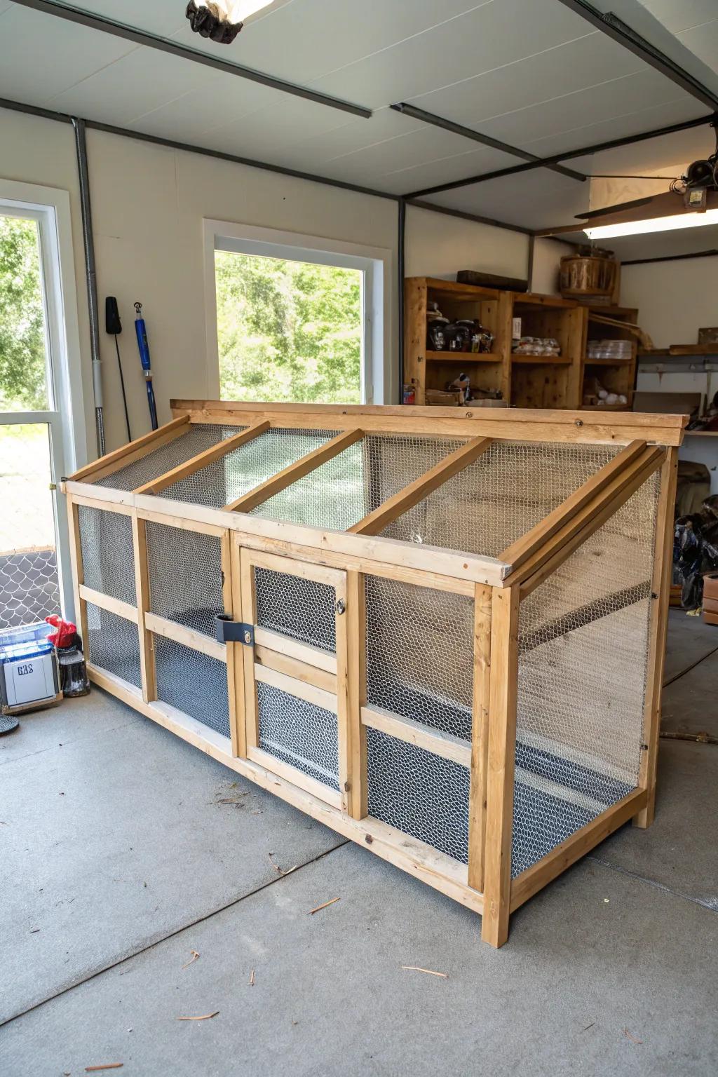 Elevate your chick-rearing with a netted brooder that marries function and craftsmanship, perfect for the modern garage.