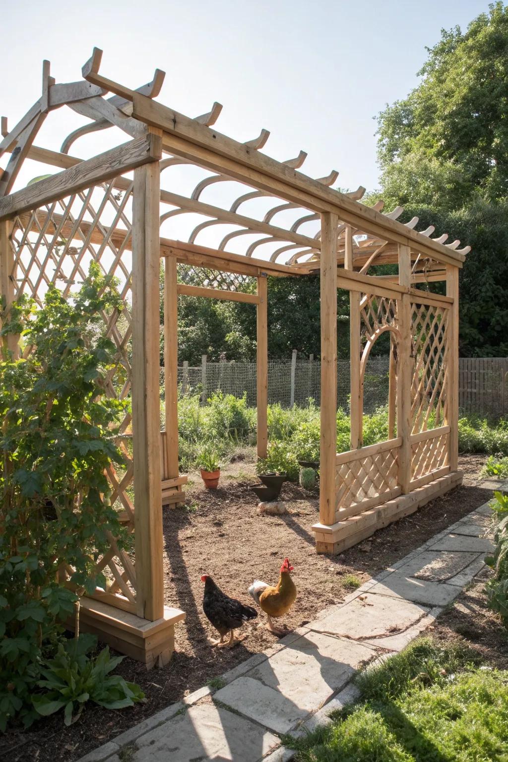 Elevate your coop using a handcrafted garden lattice perch.