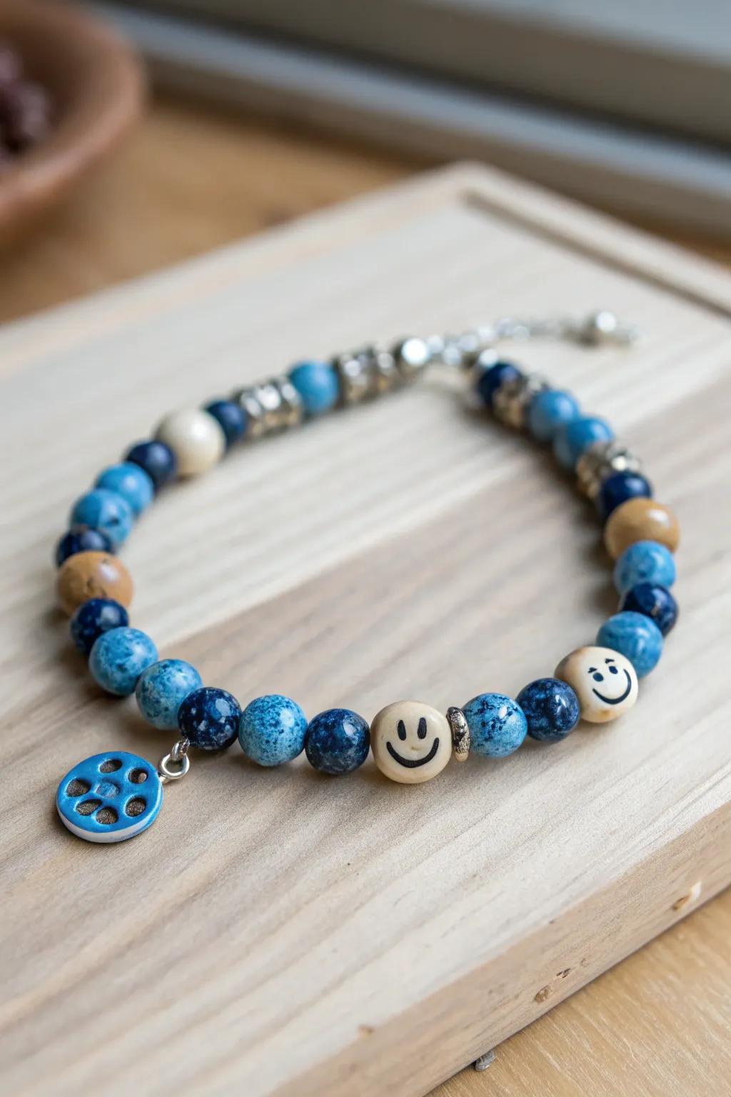 Capture playful elegance with this artisanal sapphire clay bead bracelet, impeccable for contributing a touch of elation to any attire.