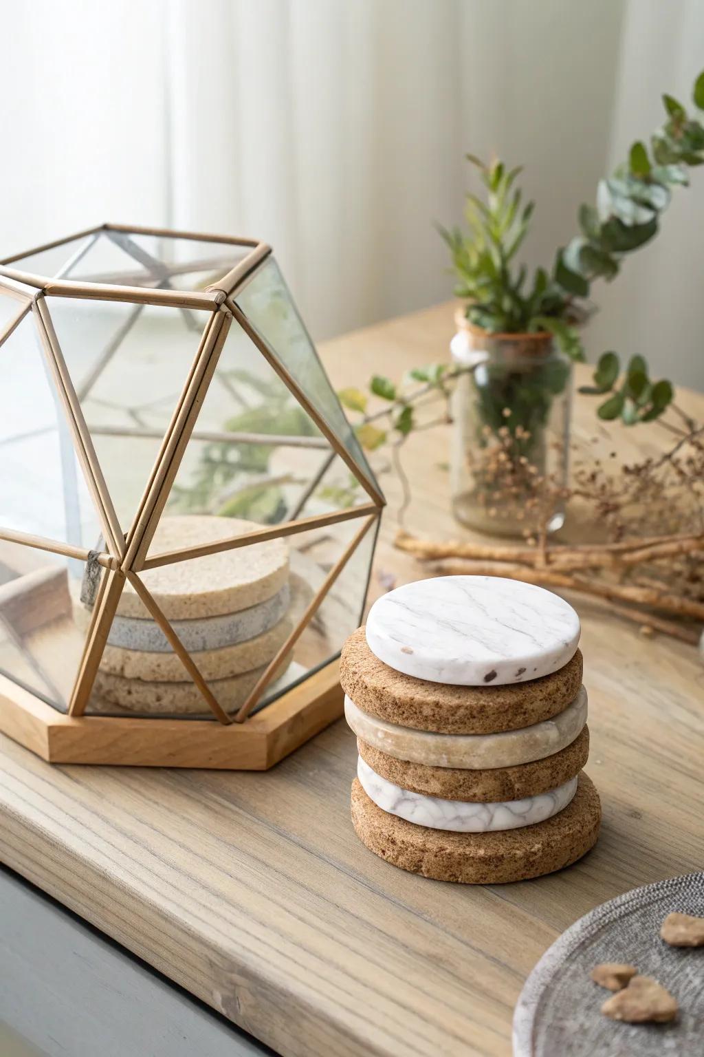 Elevate your coaster display with a chic glass greenhouse, where simplicity meets natural elegance.