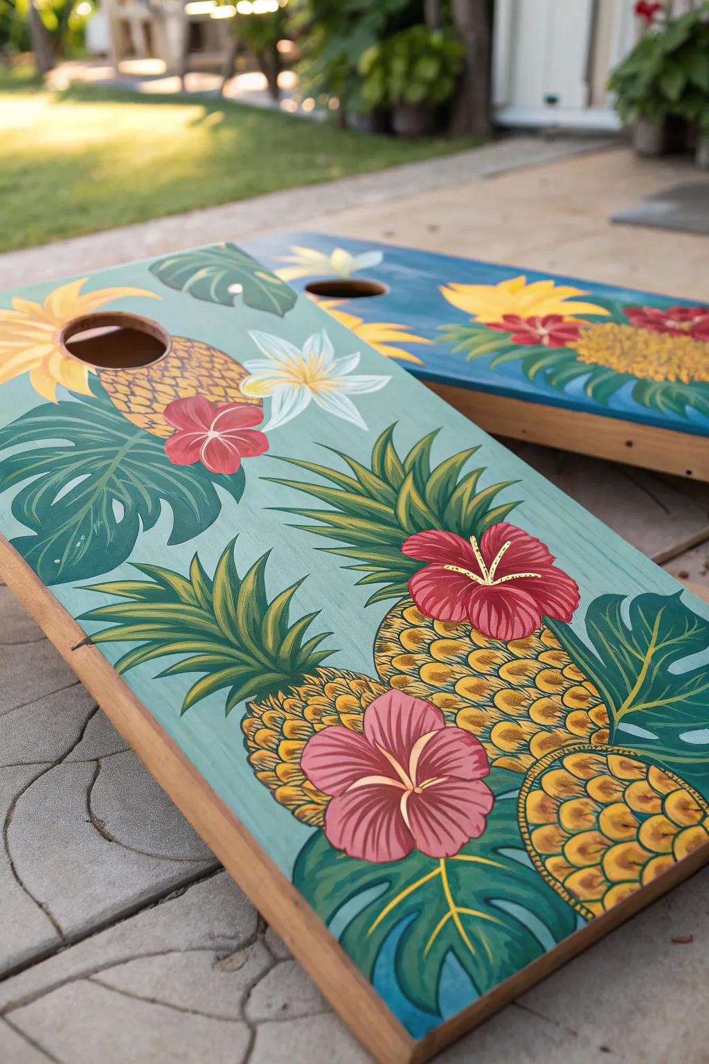 Escape to an equatorial oasis through this expertly fabricated cornhole board.