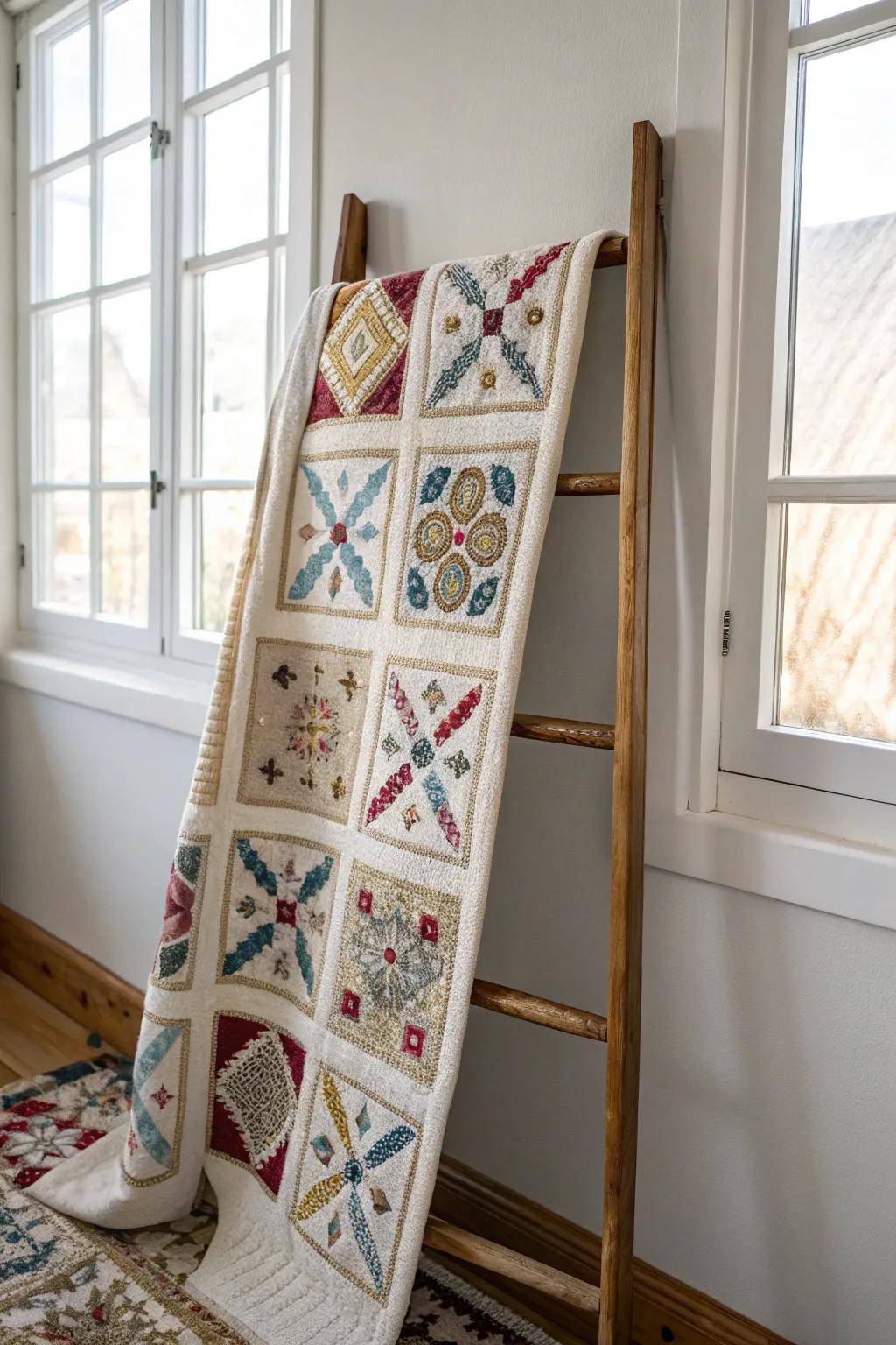 A tapestry of reminiscences: each cross-stitched square narrates its distinct tale in this stunning quilt.