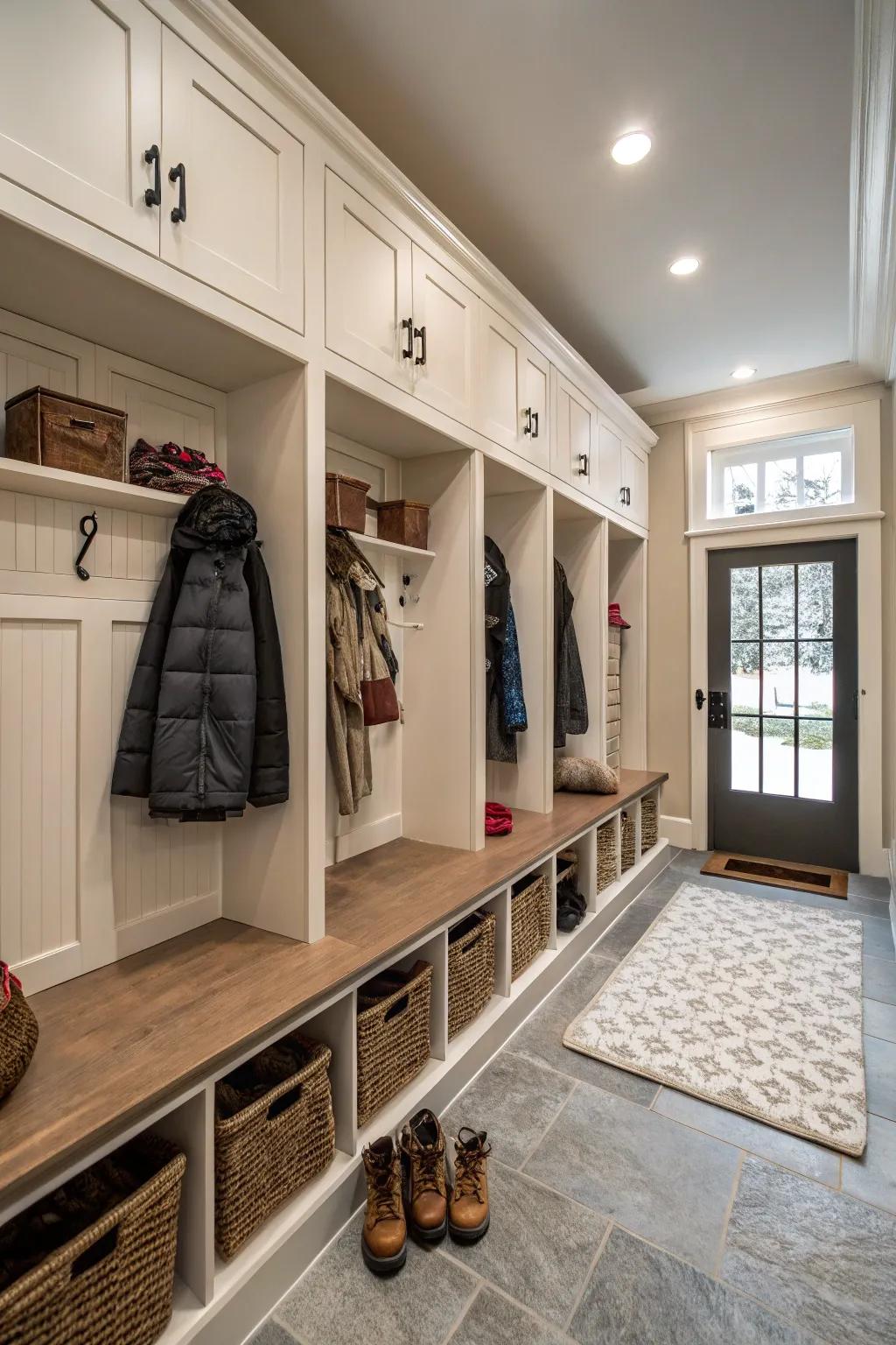 A well-organized boot room featuring built-in functionality.