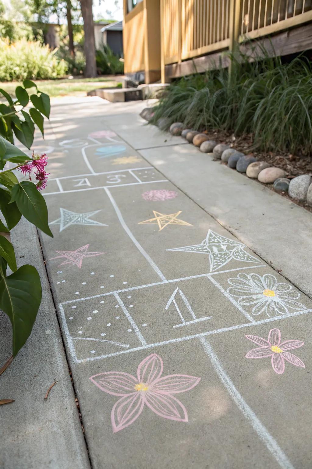 Venture into creativity with this charming blossom and star hopscotch, where play meets artistic expression.