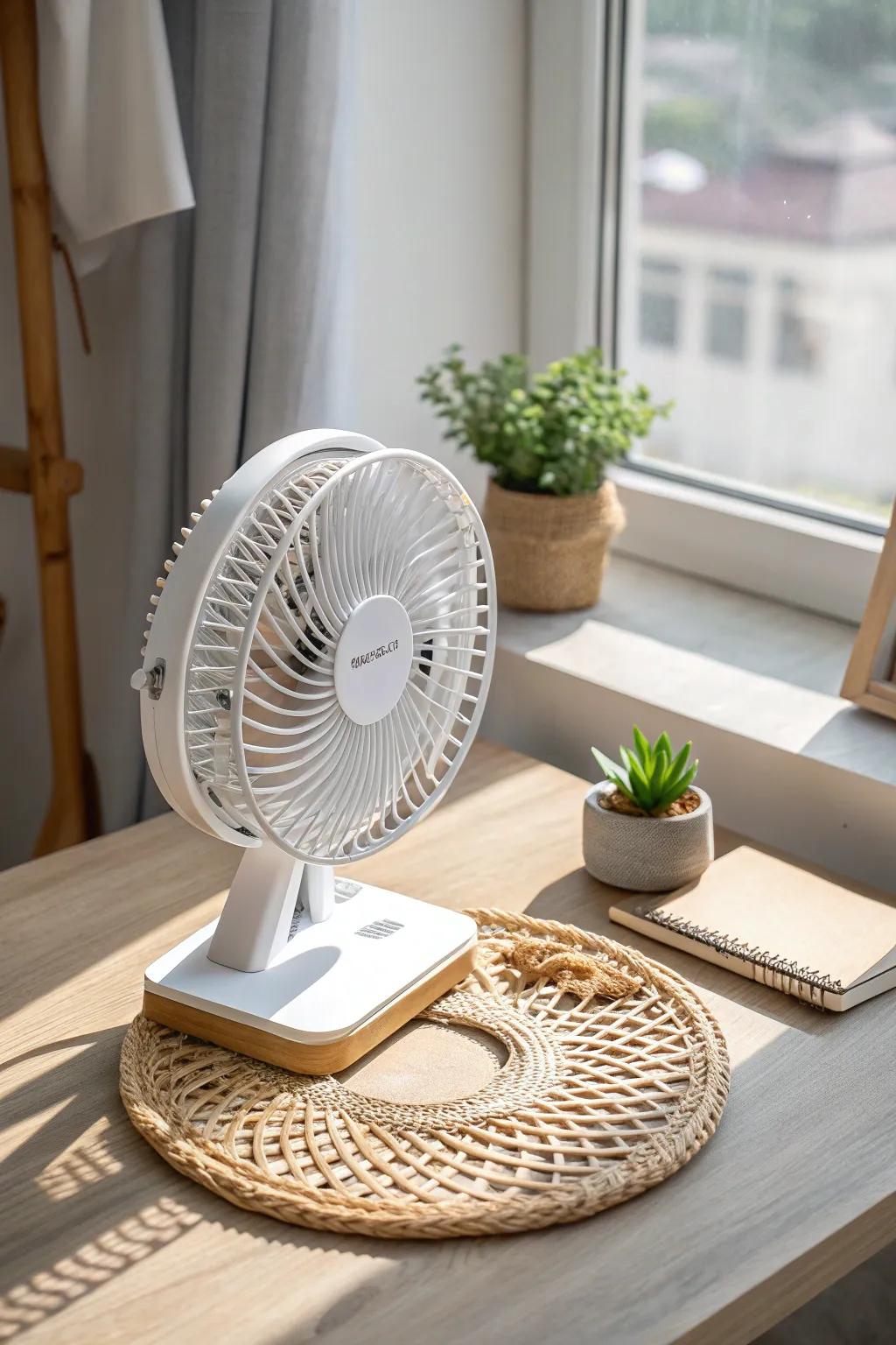 Cool and chic: Elevate your workspace with this stylish portable desk fan, perfect for those warm days.