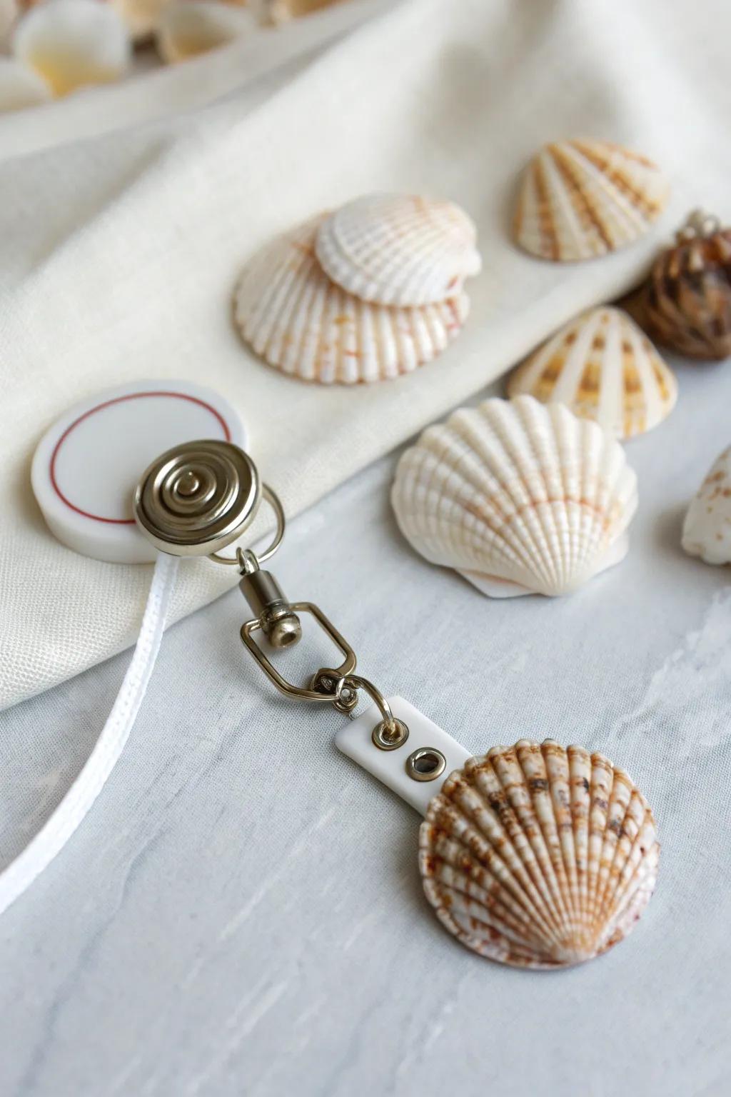 Bring the beach to your daily routine with this seashell-adorned badge reel, a reminder of sunny seaside escapes.