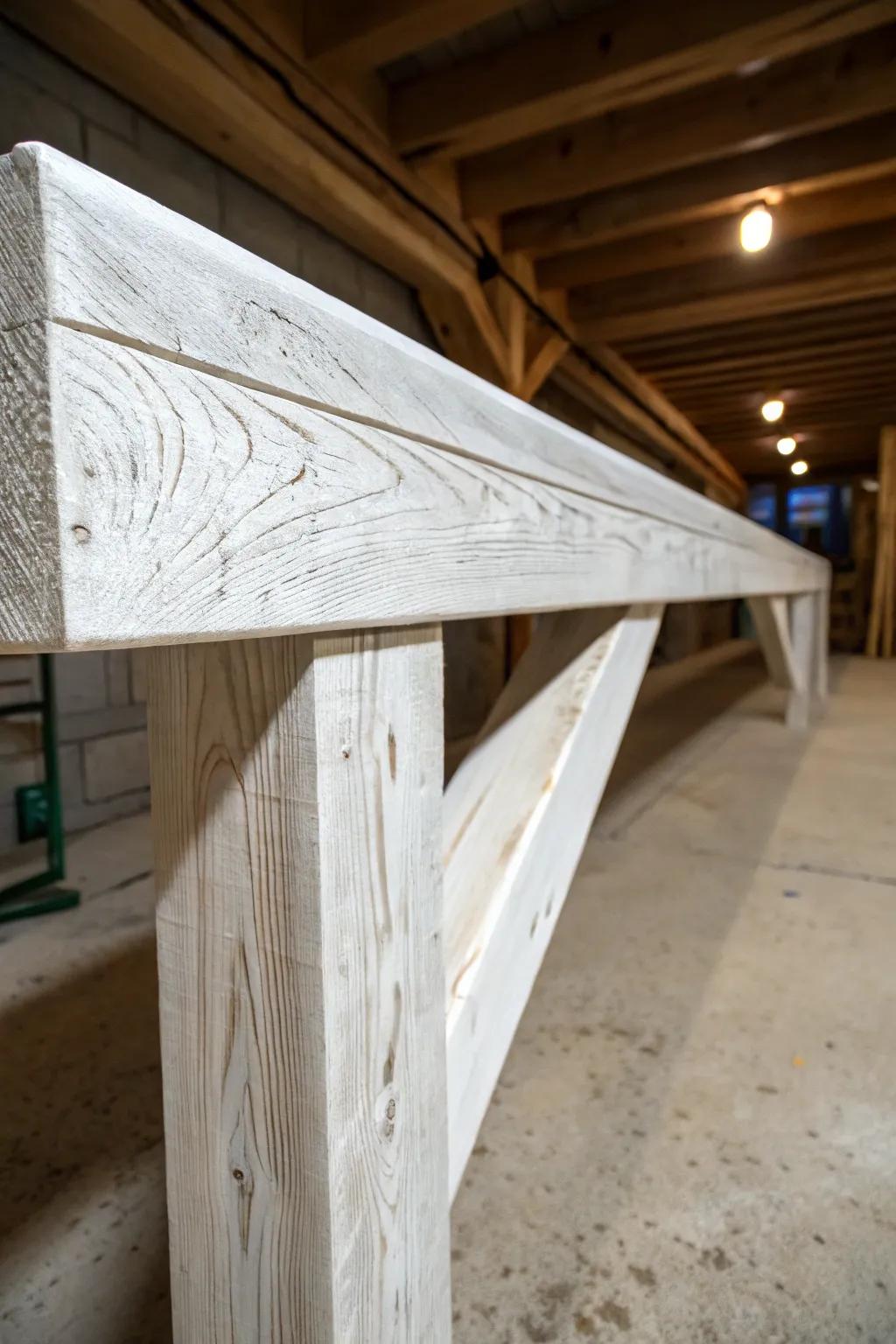 Transform your basement with the enduring charm of limewashed girders.