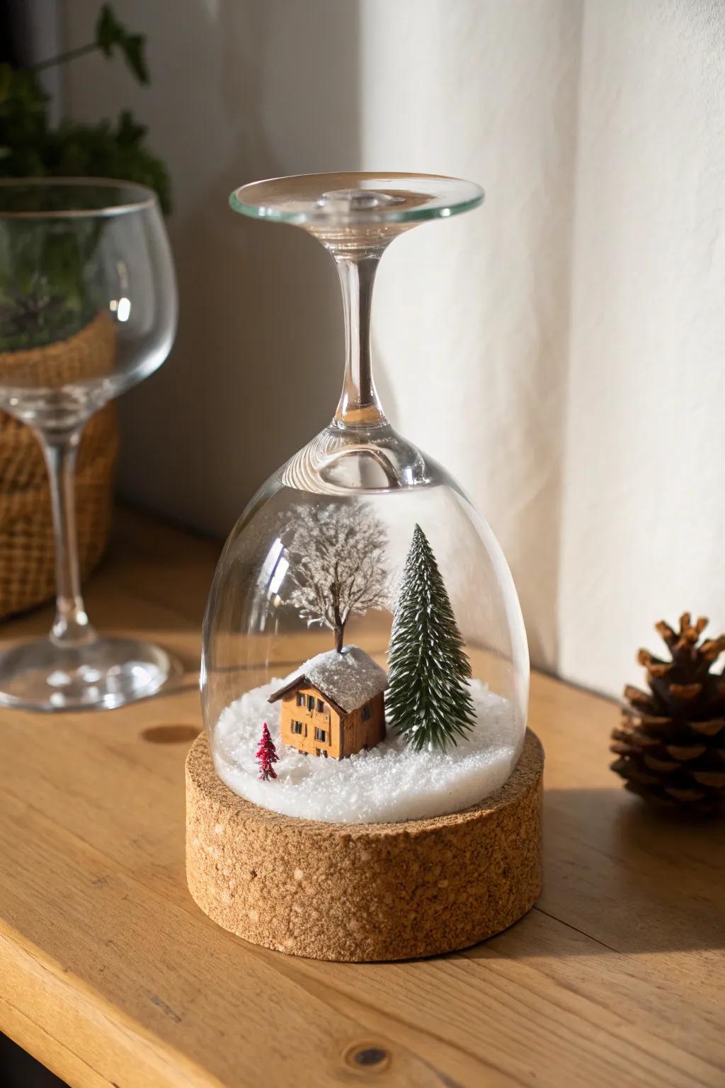Transfigure your holiday surface featuring this enchanting do-it-yourself vinous goblet snow orb, a quintessential intermingling of simplicity and festive allure.