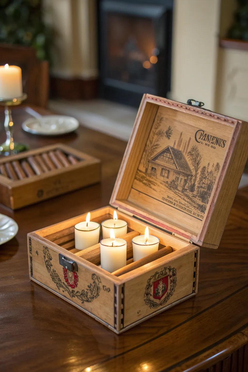 Elevate your area with this handcrafted cigar container candle stand, blending rustic charm with sophisticated craftsmanship.