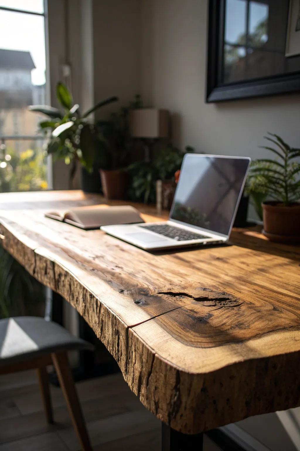 Bring the outdoors in with a stunning live edge wood desk, a masterpiece of nature and craftsmanship.