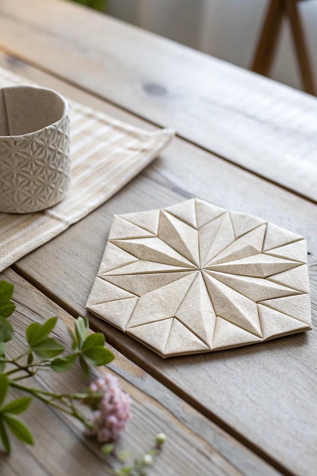Enhance your tabletop with handcrafted elegance: Creased form coasters that blend art with functionality.