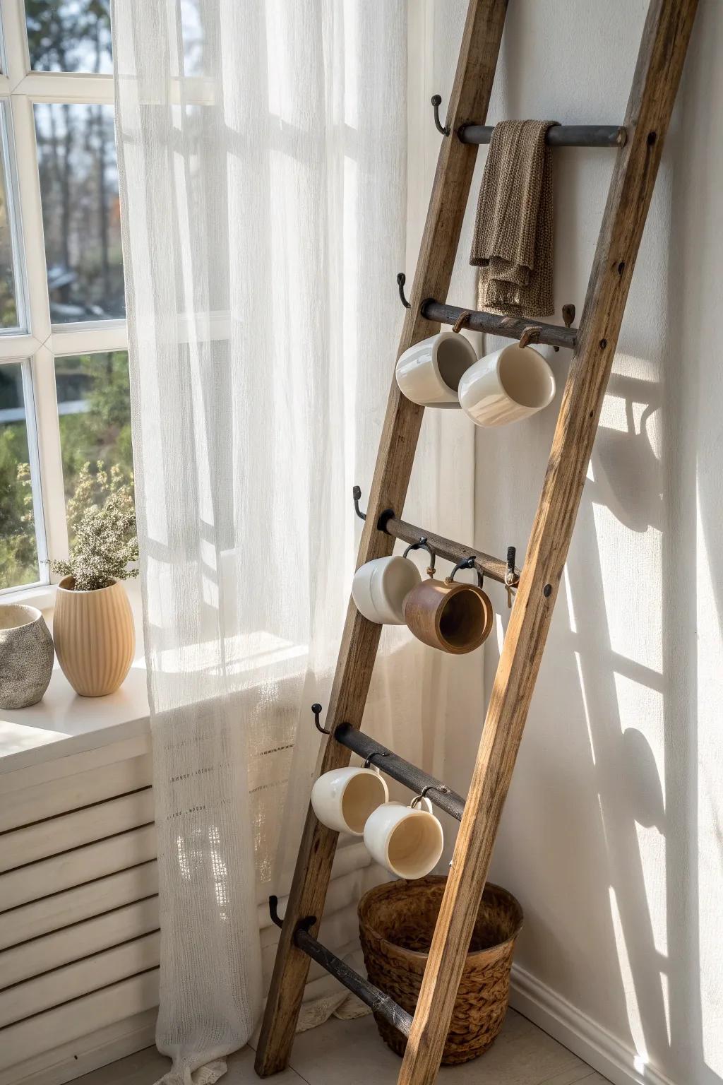 Transform an old ladder into a stylish mug accommodation—where rustic meets minimalist elegance.