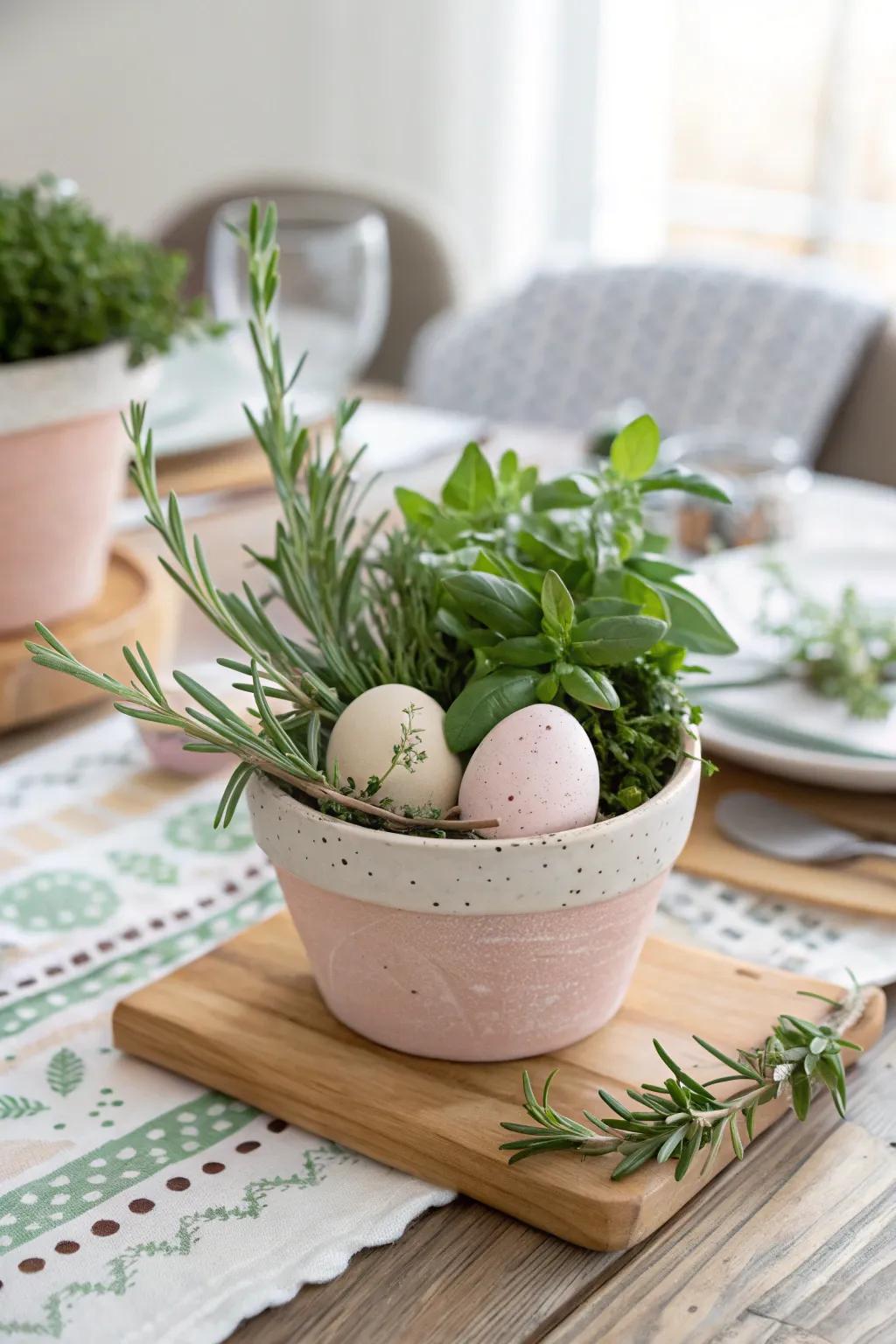 Elevate your Easter table through a simple yet stunning herb patch centerpiece, combining functionality and elegance.