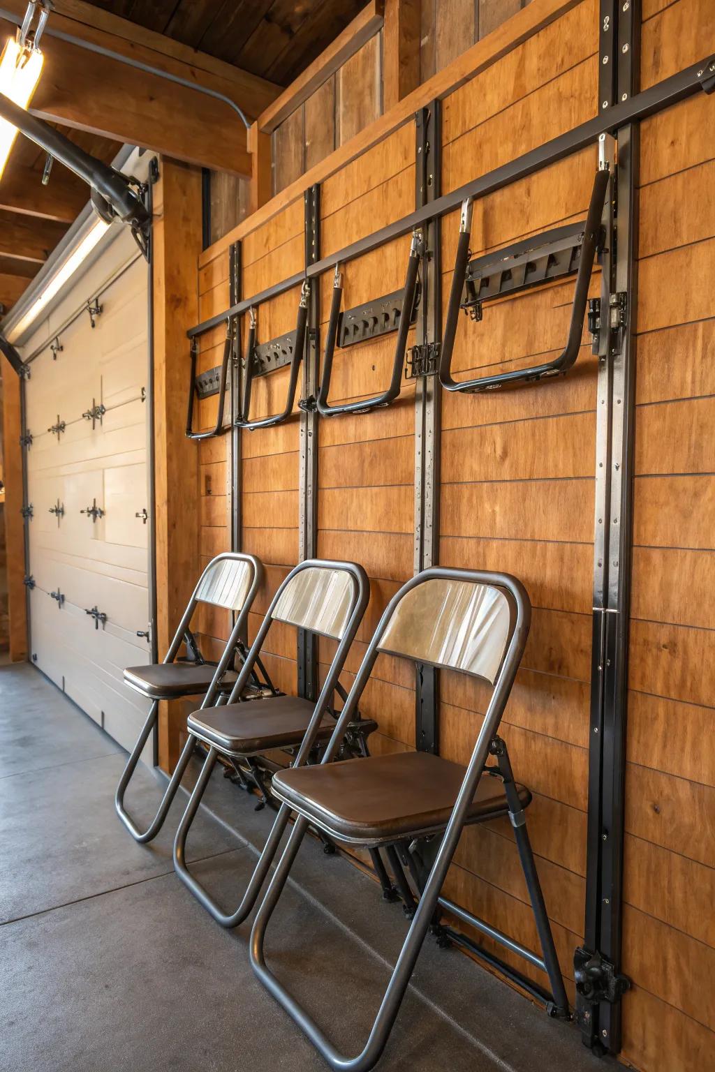 Transform your garage through chic, space-conserving remedies. Suspend your folding seating and enhance both functionality and design.
