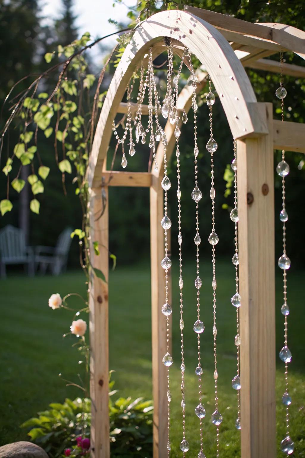 Transform your garden with a hint of magic: a glimmering beaded arch that sparkles beneath the sun.