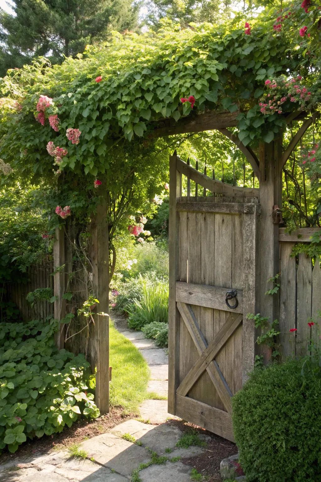 Transform your entrance with a flourishing garden gate; where nature unites with artistry.