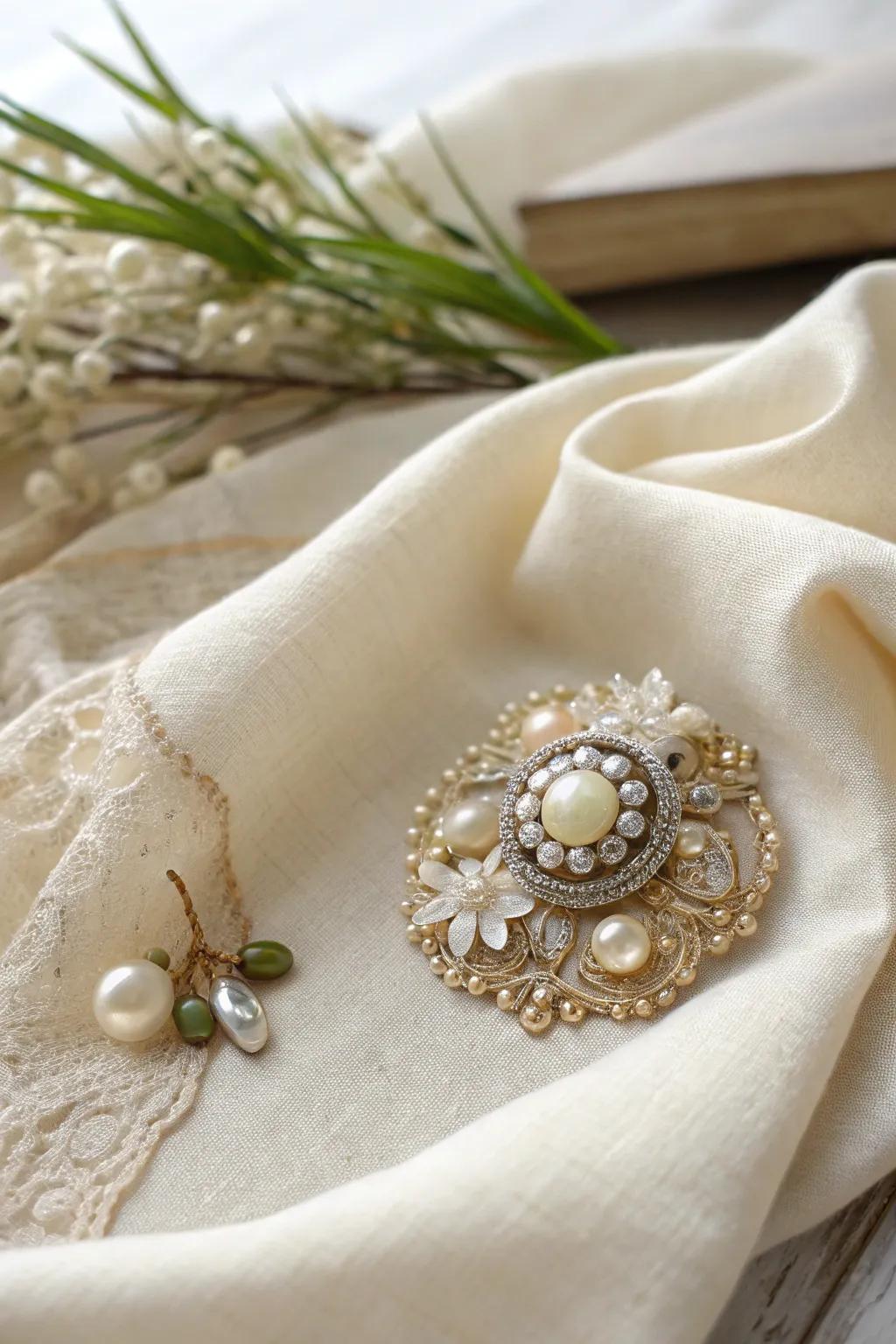 Embrace eternal elegance with this bespoke retro-inspired decorative pin, where past encounters present in a stunning fusion of lace, beads, and buttons.