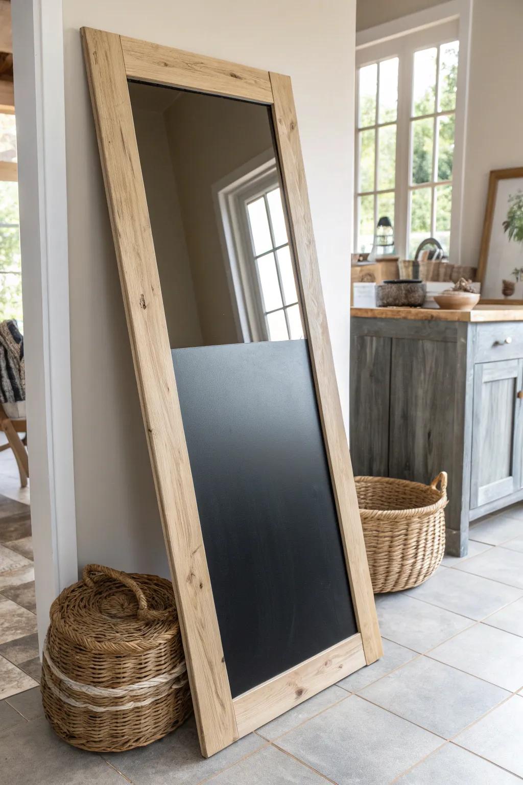 Transform your mirror into a creative canvas with chalkboard paint—perfect for notes and doodles, adding a touch of minimalist charm to your kitchen.