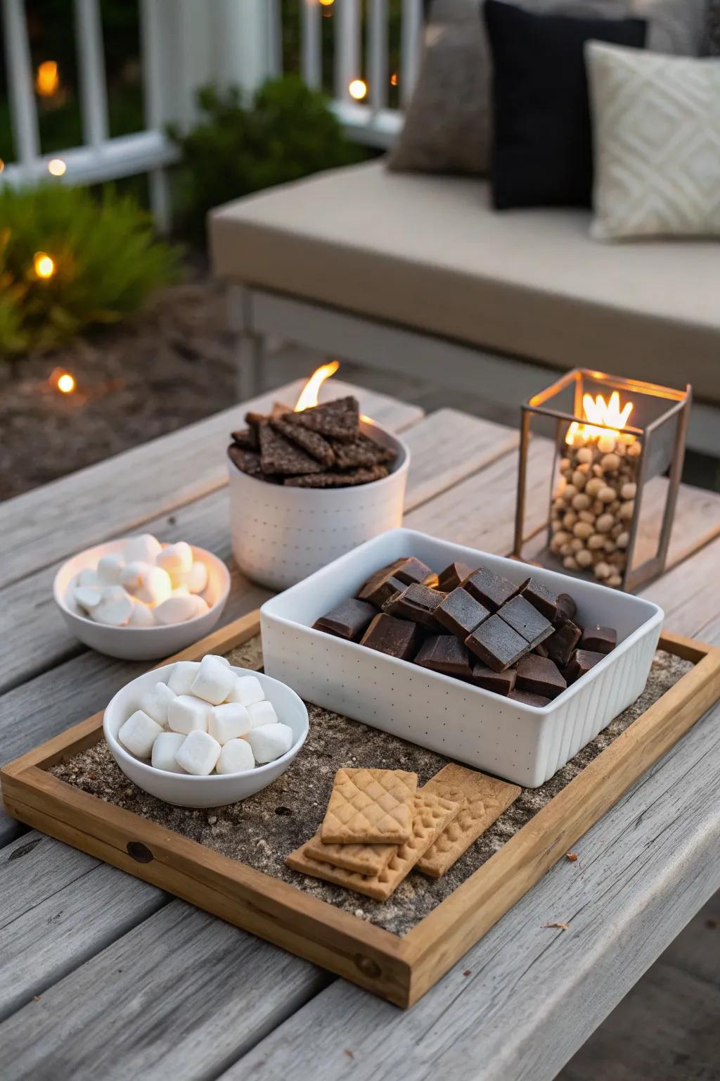 Elevate your movie night with a chic sweet treats station; simplicity meets indulgence under the stars.