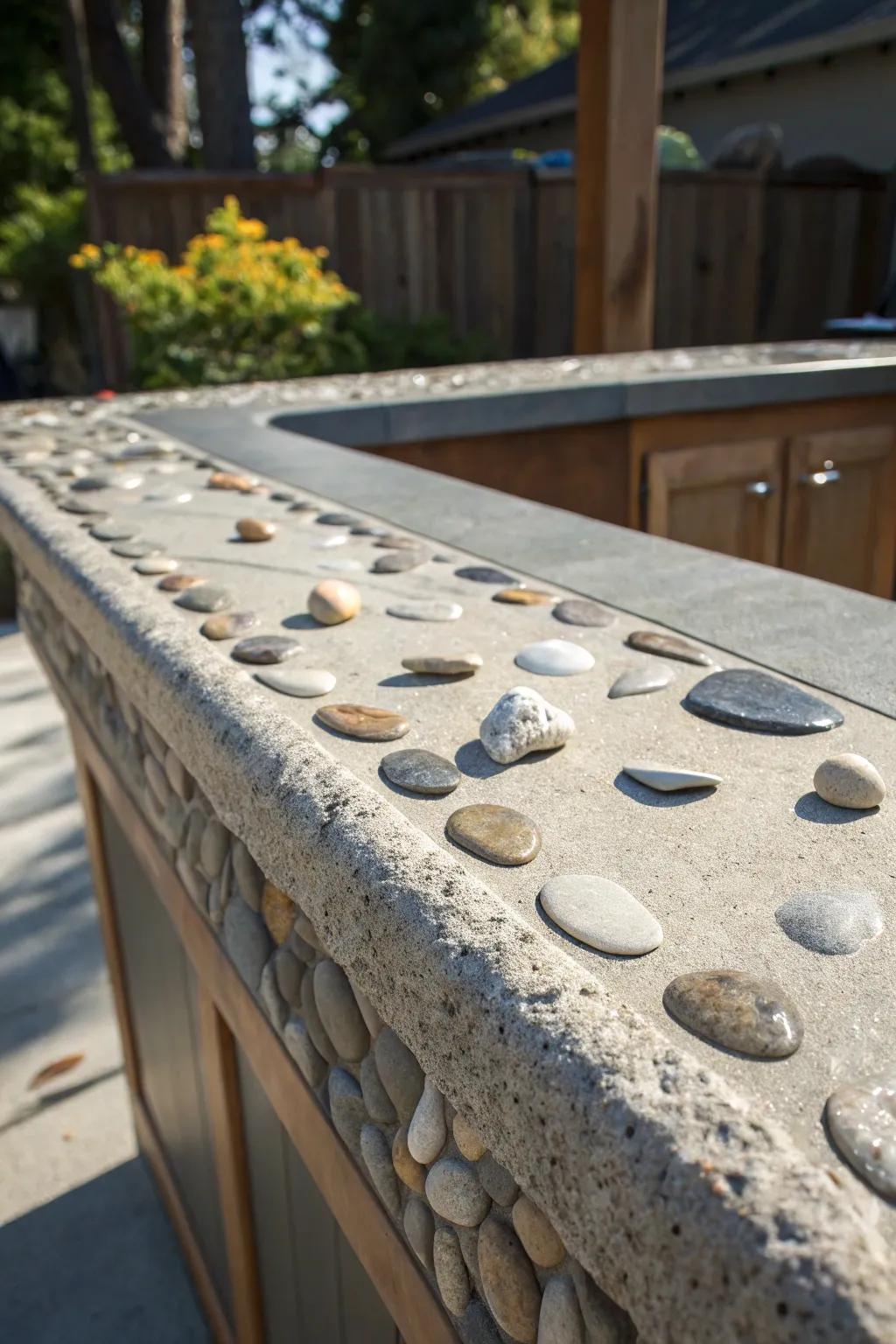 Enhance your outdoor space with a bespoke solid stone countertop featuring unique stone and shell inlays.