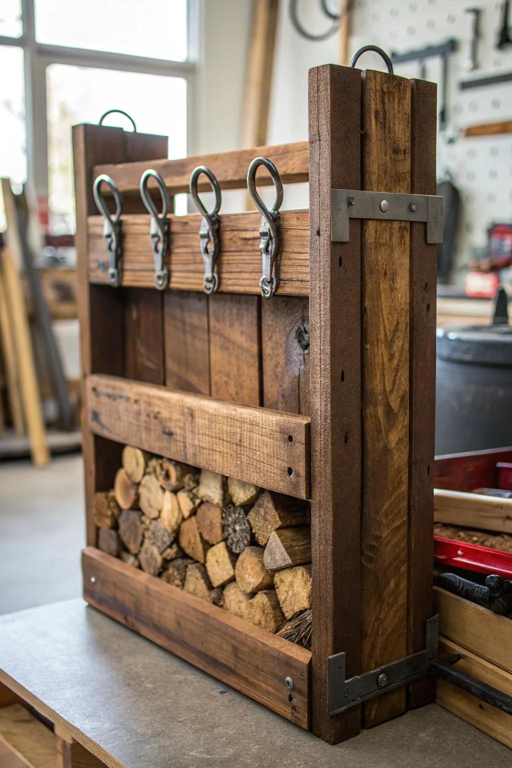 Elevate your firewood storage with a handcrafted pallet rack, complete with tool hooks for ultimate efficiency.
