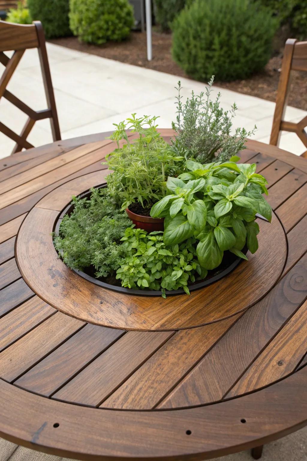Elevate your alfresco feasting adventure with a handcrafted herb garden table that ushers freshness directly to your plate.