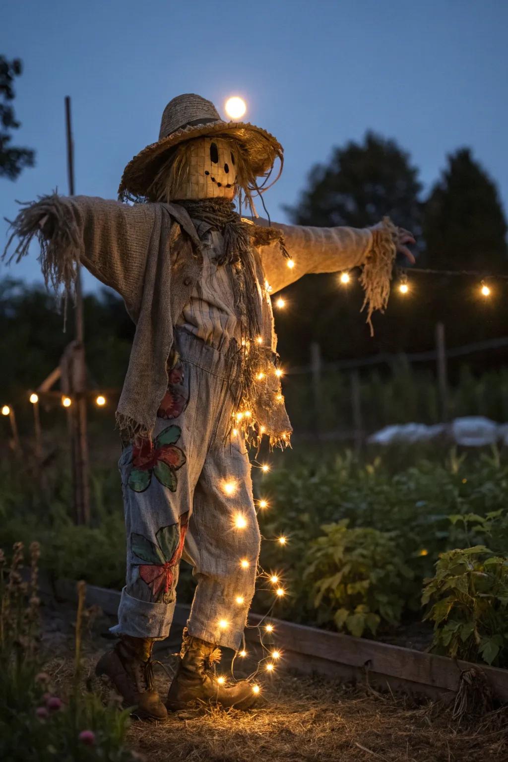 Brighten your lawn using a handmade scarecrow that brightens at night.