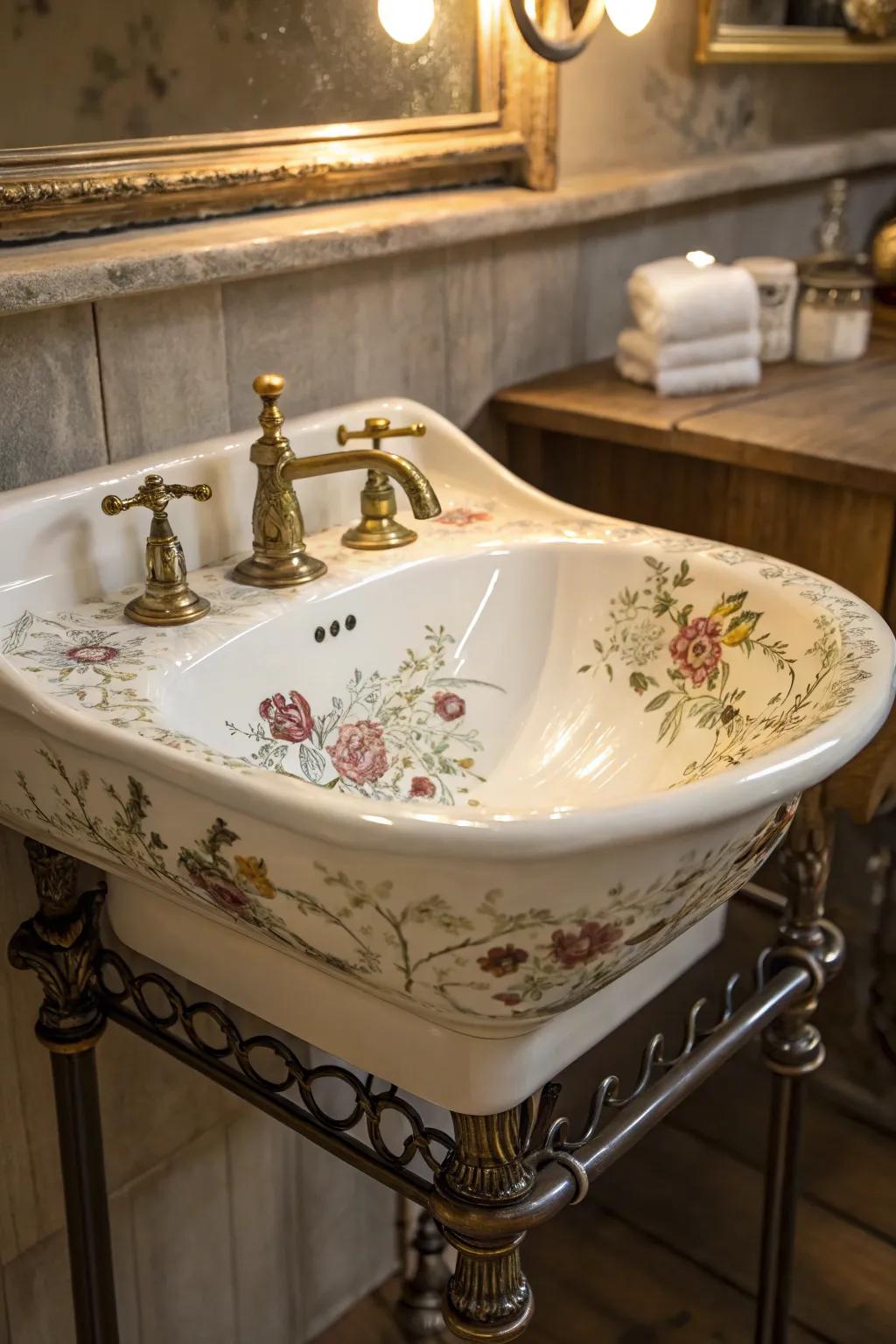 Elevate your washroom decor with this charming vintage tea collection sink – where nostalgia aligns with artistry.