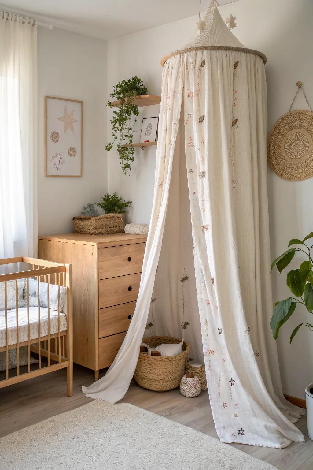 Incorporate a hint of elegance and functionality into your nursery with a do-it-yourself curtain partition, merging minimalism with boho charm.