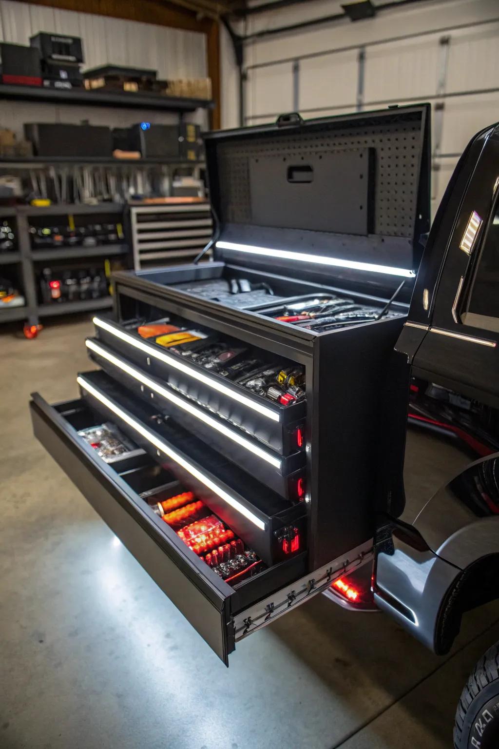 Illuminate your workspace: Transform your truck tool box with sleek LED lighting for unmatched convenience and style.