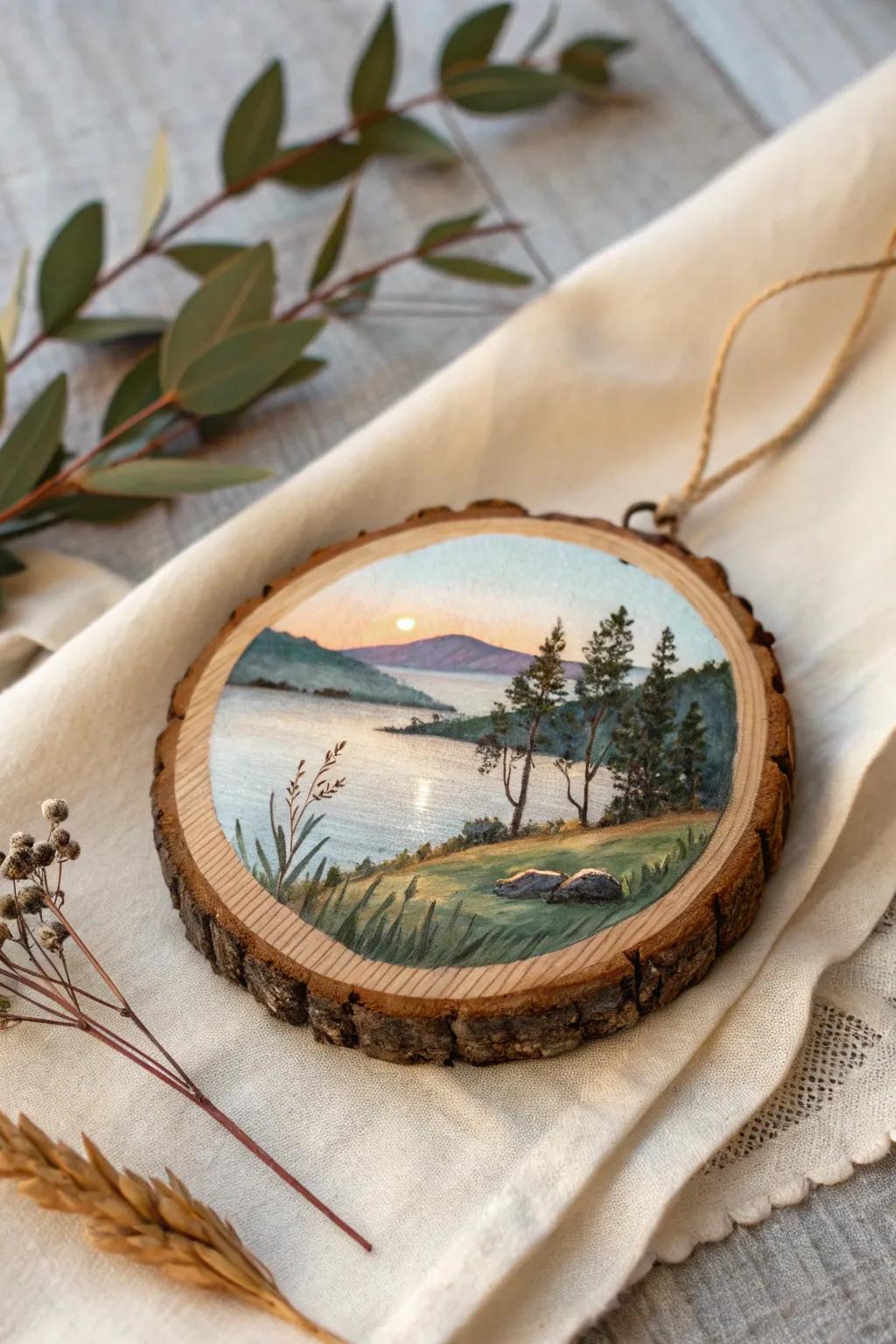 Bring nature indoors with a hand-painted wood round ornament, capturing the serenity of the great outdoors in minimalist elegance.