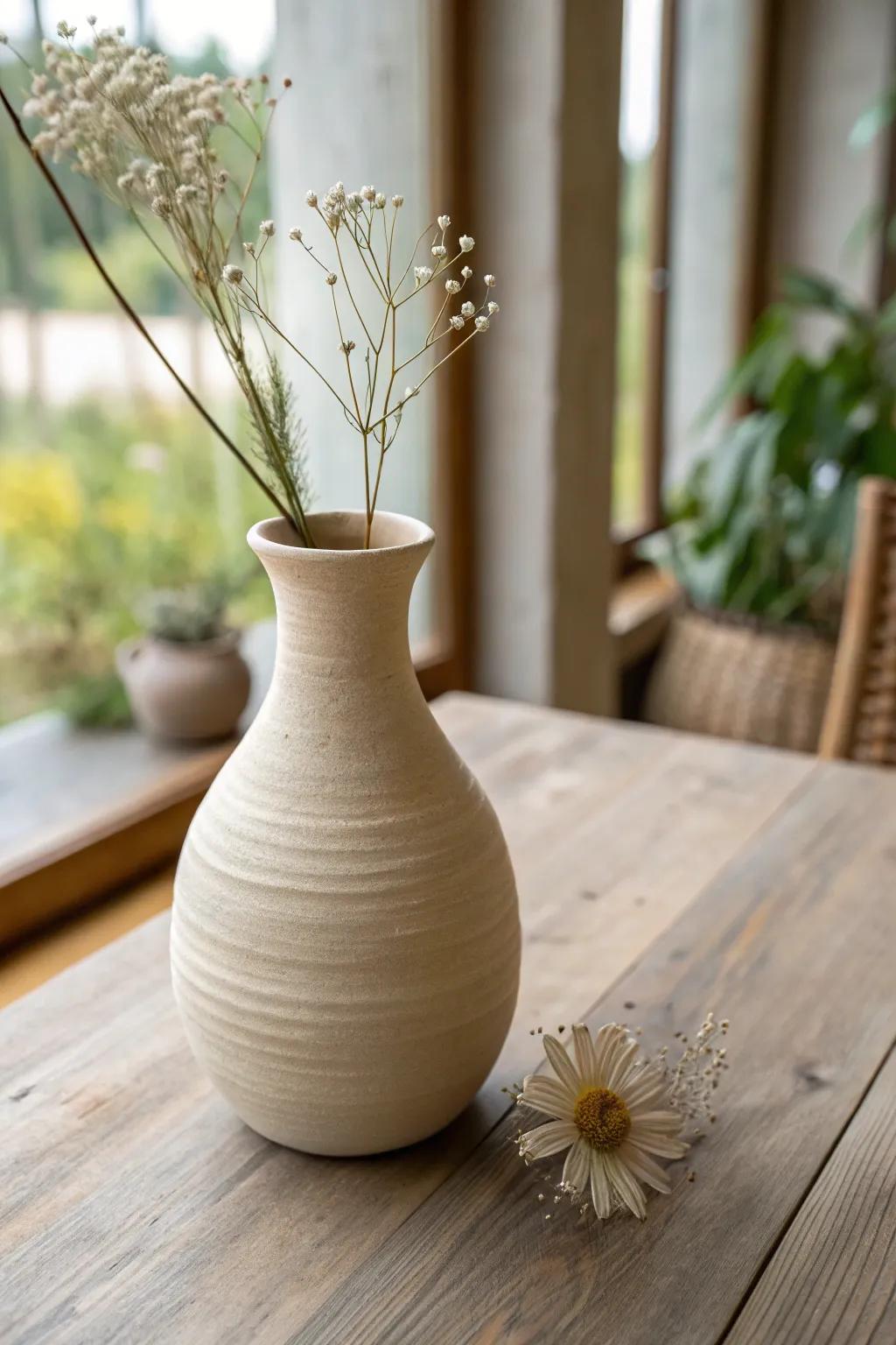 Embrace simplicity and elegance through this eco-conscious clay vase, impeccable for conveying a handcrafted nuance to your abode aesthetic.