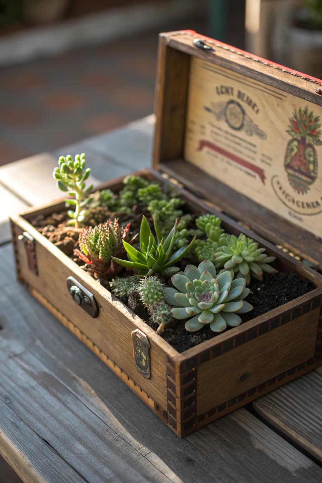 Elevate your environment with a hint of retro appeal: Succulents thriving in a vintage wooden container floral vessel.