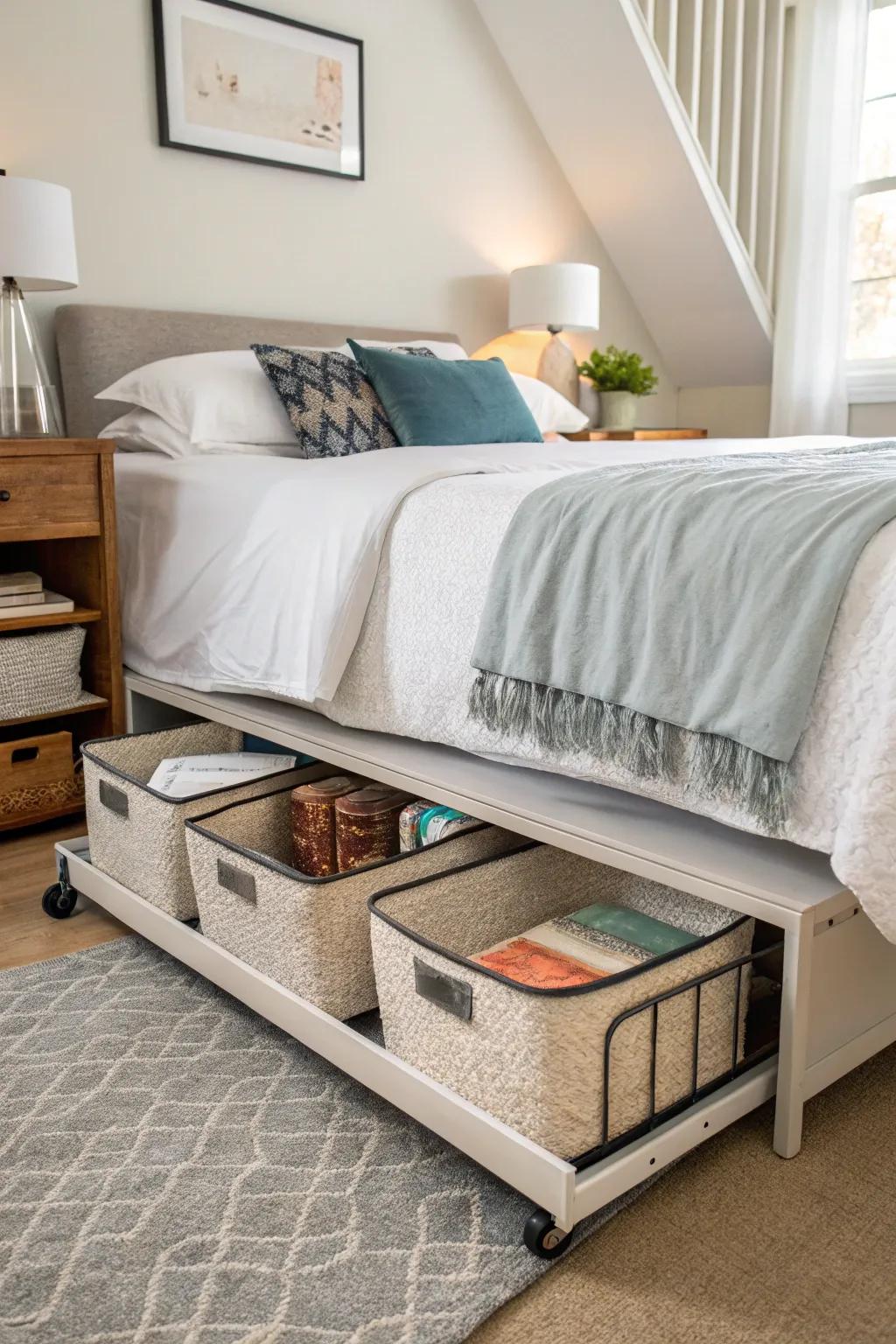 Under-bed carriers optimize bedroom storage.