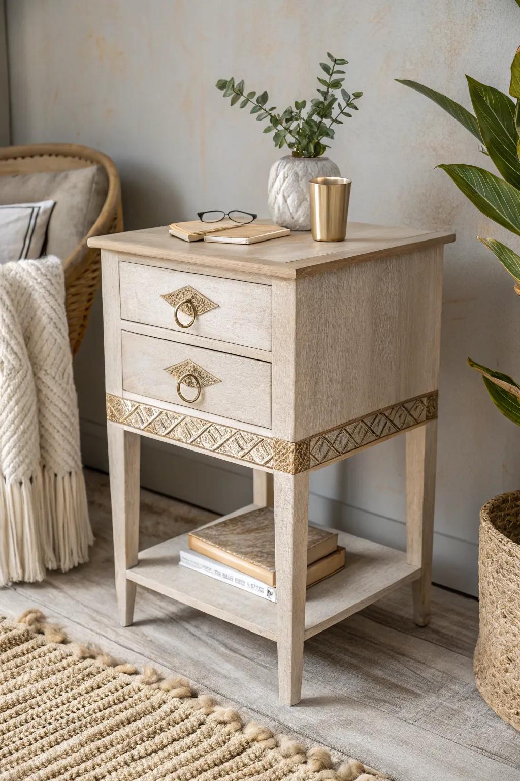 Incorporate a sprinkle of sophistication via metallic accents for a chic end table transformation.