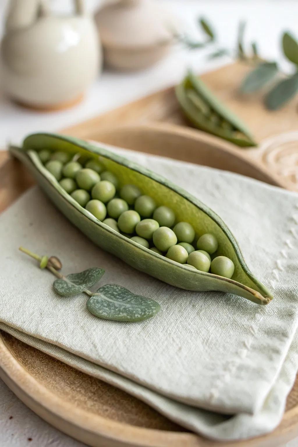 Made with affection: a minimalist clay pea pod encapsulating the essence of inherent beauty.
