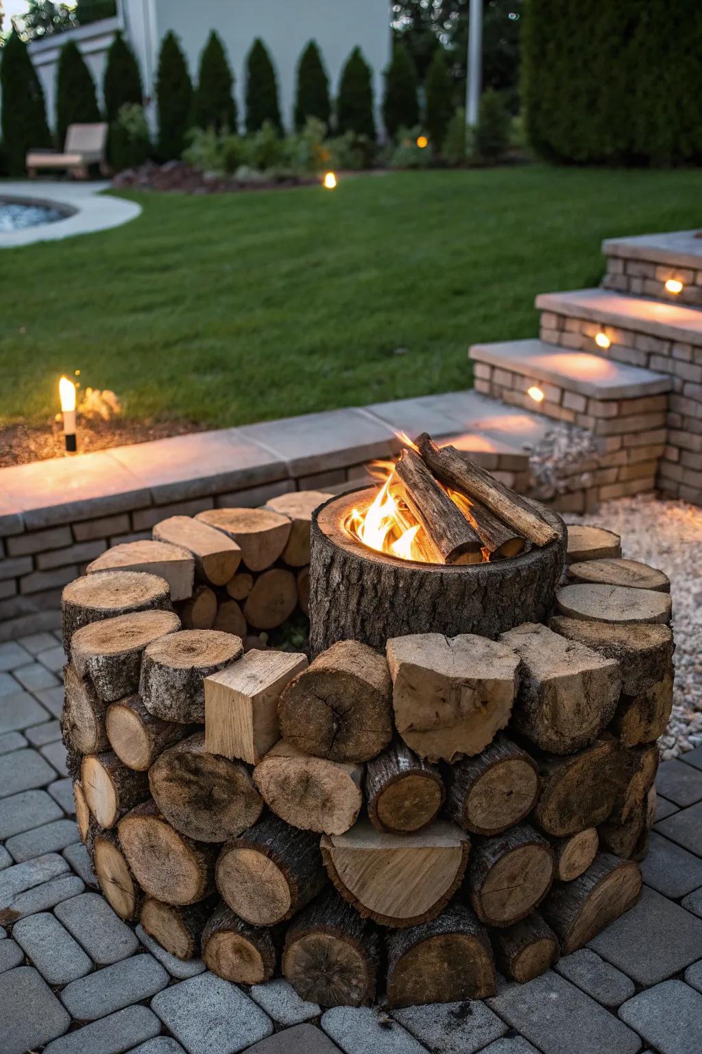 Contribute pastoral allure and pragmatic functionality to your hearth through skillfully arranged wood logs.
