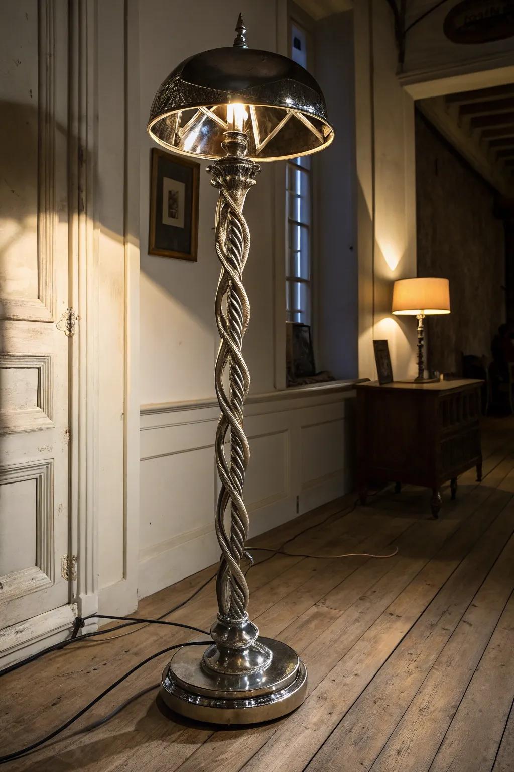 Illuminate your space with this handcrafted, spiraling metal lamp stand, where artistry meets functionality.