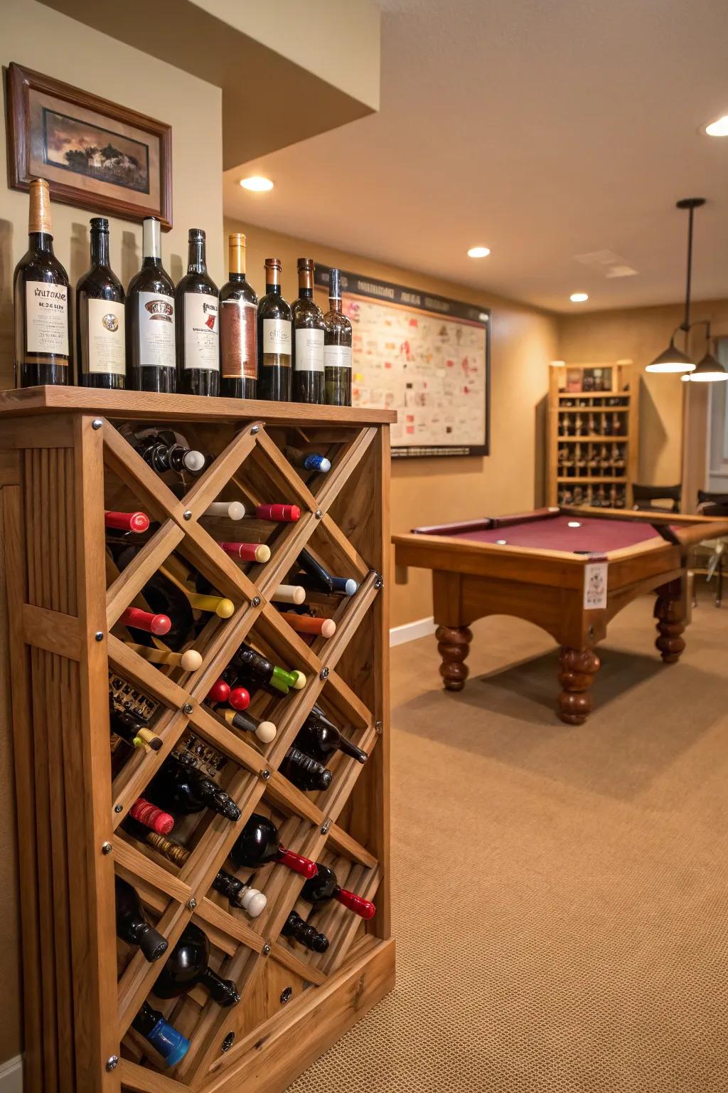 A handcrafted bottle holder showcase adds elegance and personalization to your bar area.