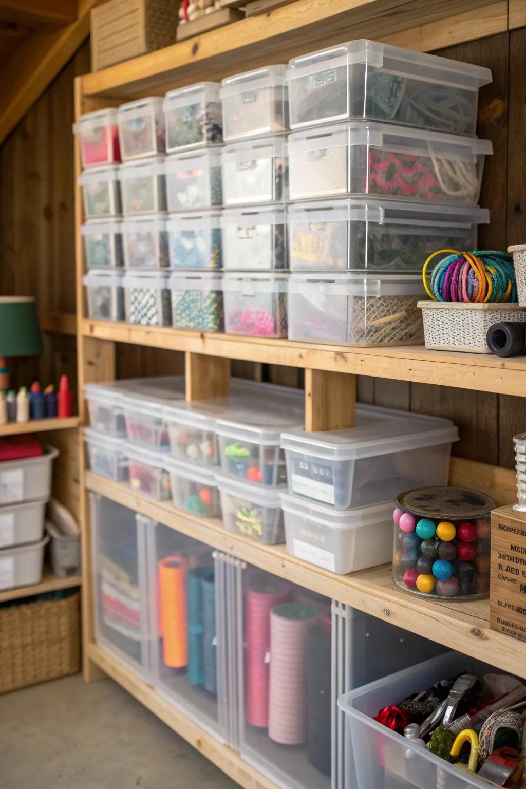 Efficiency meets craftsmanship: Clear storage bins for the ultimate organized craft space.