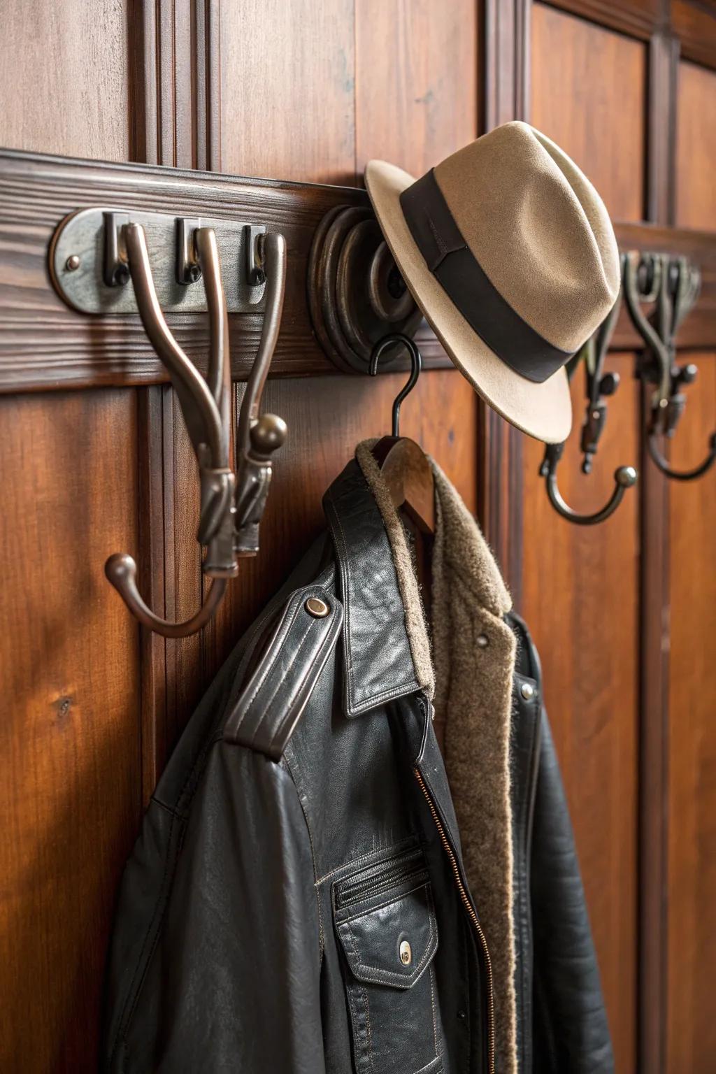 With fashionable garment hooks on a traditional wooden slatwall, elevate your organization abilities.