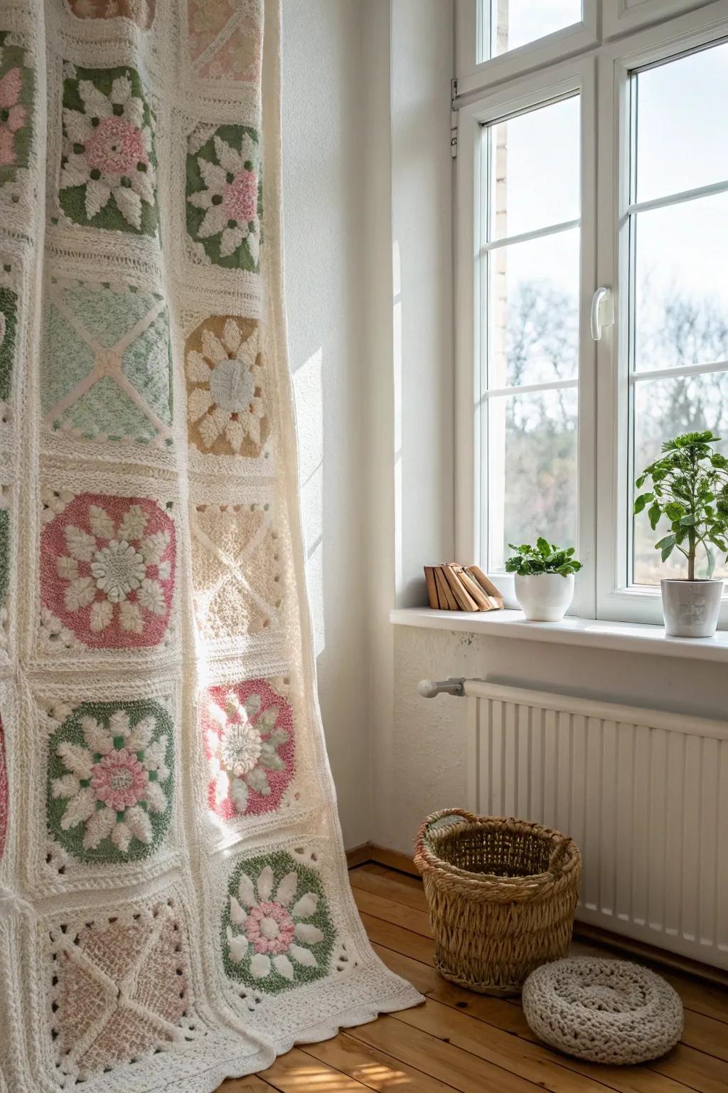 Introduce a hint of vintage allure with this elegant granny square window treatment, excellent for filtering light in a minimalist area.