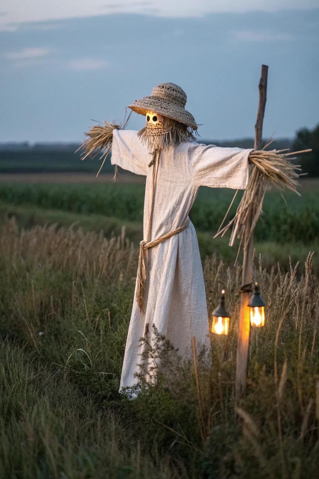 Delight in the unexpected with this elegantly crafted interactive scarecrow, blending minimalist charm with a touch of boho whimsy.
