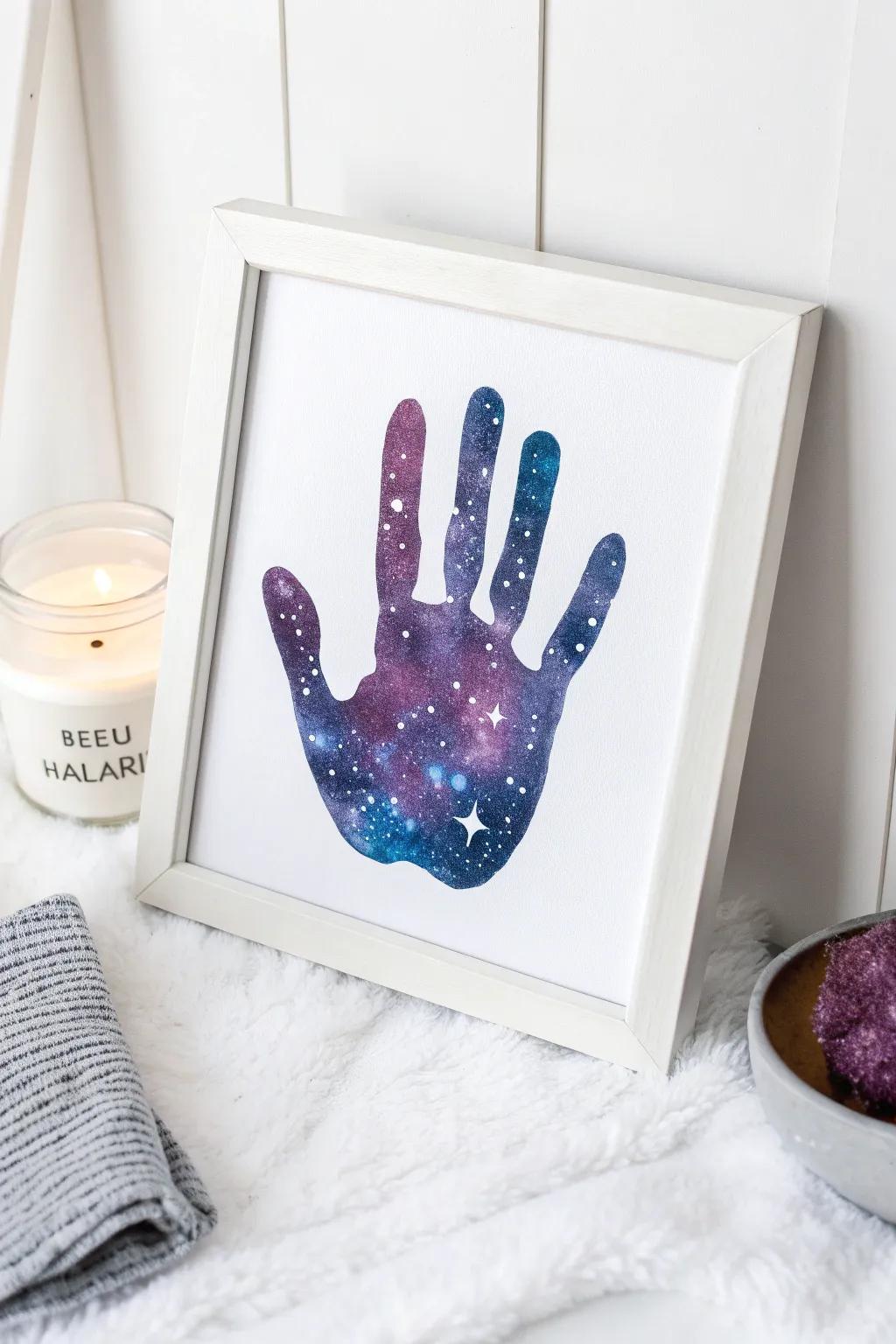 Embrace the cosmos at your fingertips with this enchanting galaxy hand trace.
