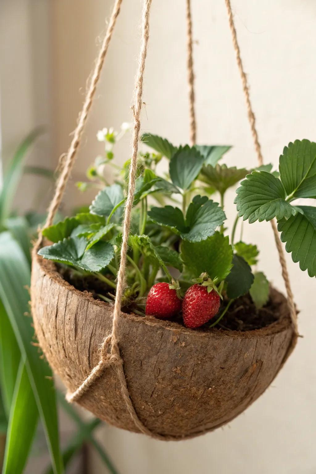 Transform your area with a touch of tropical charm: Strawberries thriving within a coconut shell planter.