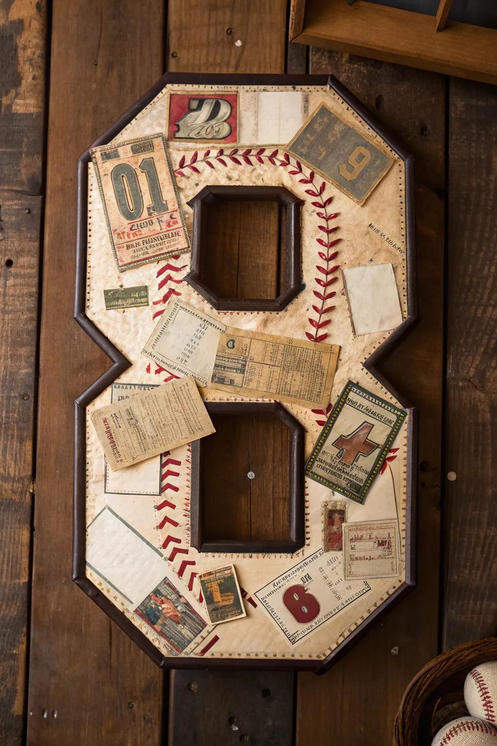 Celebrate your baseball fervor through a handcrafted uniform digit assemblage.