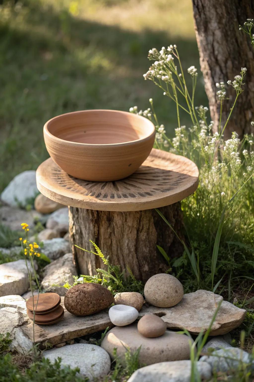 Embrace unpretentiousness through this enchanting earthenware saucer birdbath—wherein countryside splendor converges with minimalist design.