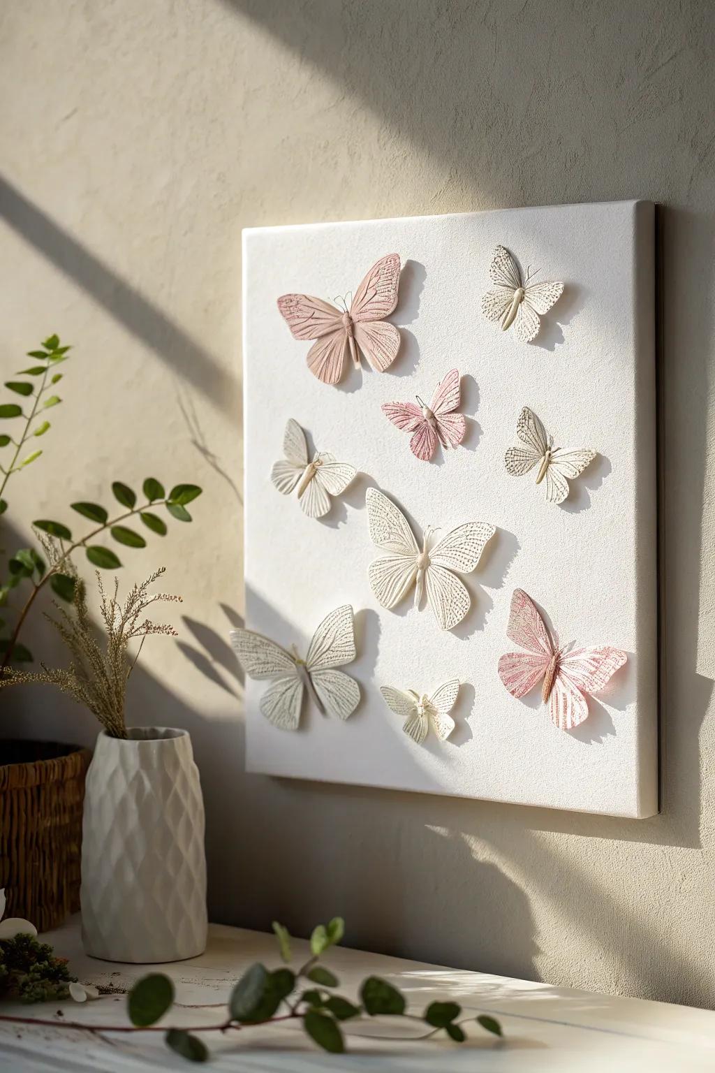 Transform your environment through the timeless allure of handcrafted paper butterflies displayed on a panel.