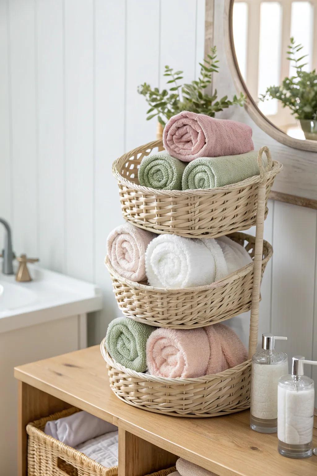 Enhance your lavatory's décor through elegantly curled face cloths inside a charming tiered basket.