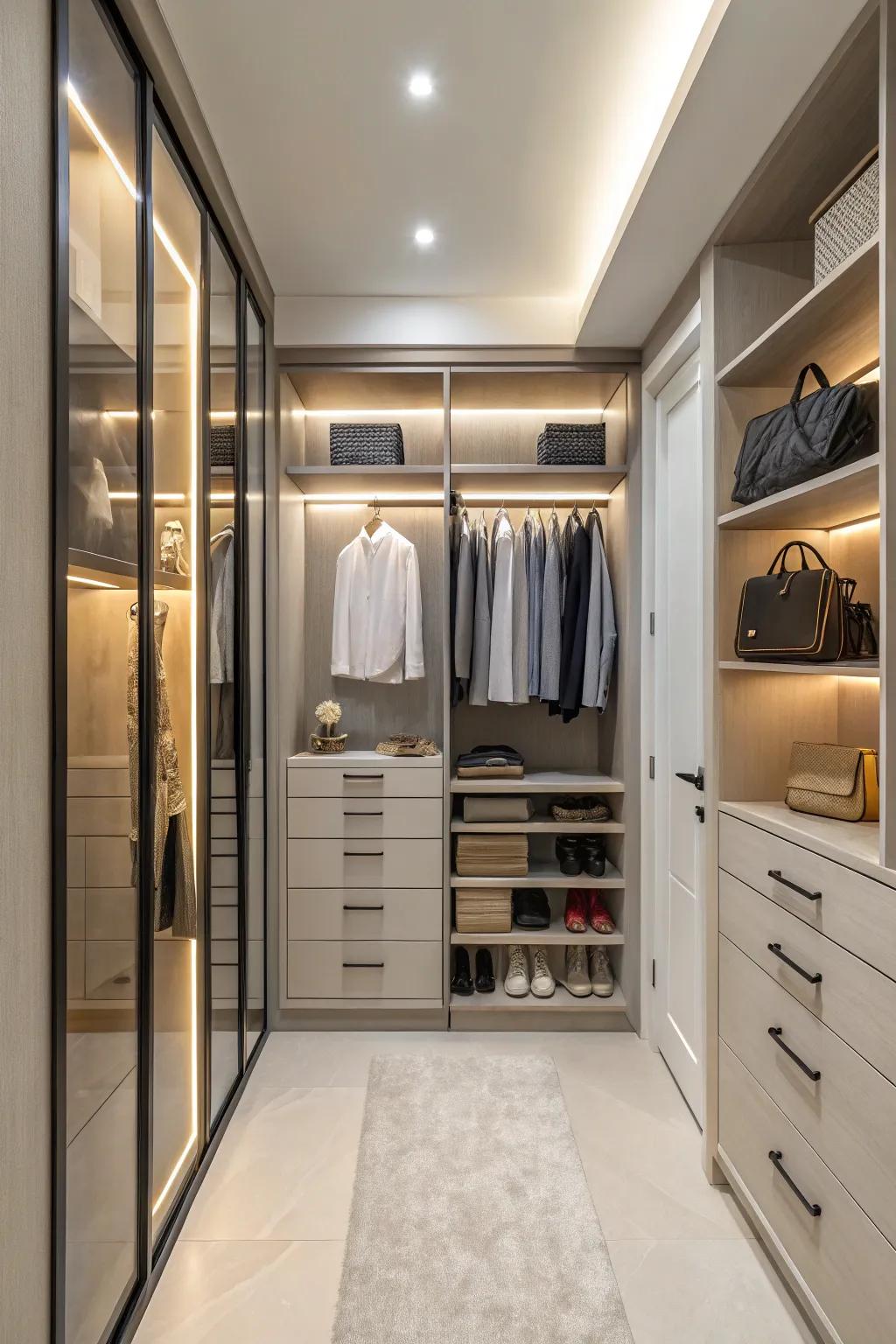 Integrated storage offers a seamless and stylish closet solution.